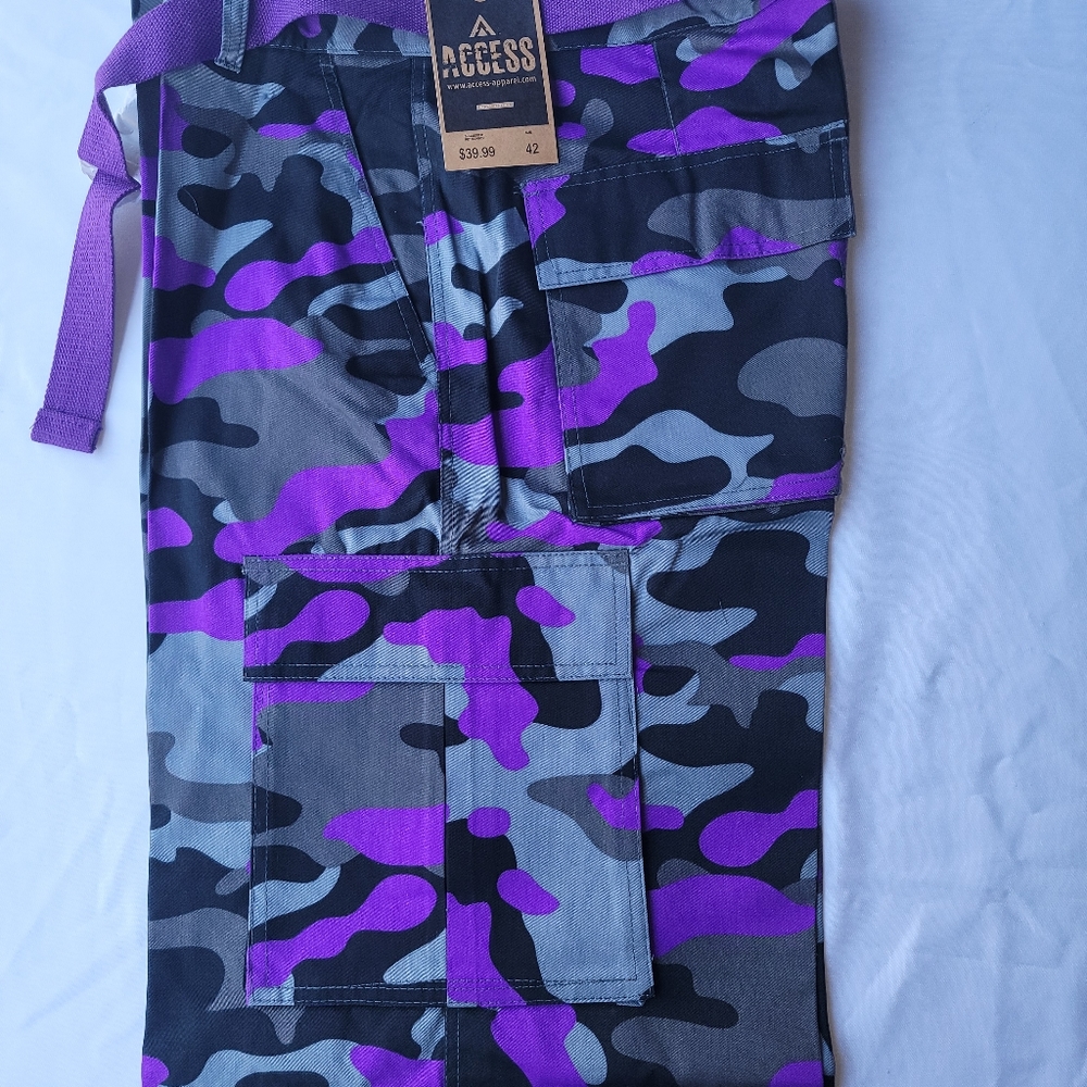 Access Cargo Shorts.. Purple,black and gray. 13" inseam. Camo pattern